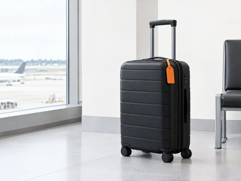 A carry-on bag by a large airport window, with an orange luggage tag.