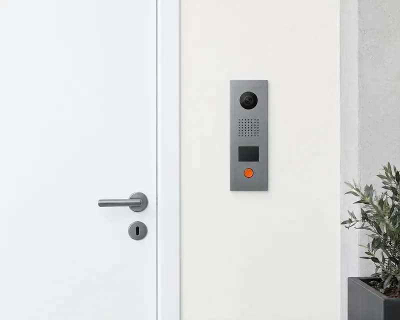 A white front door beside an intercom panel with an orange call button.
