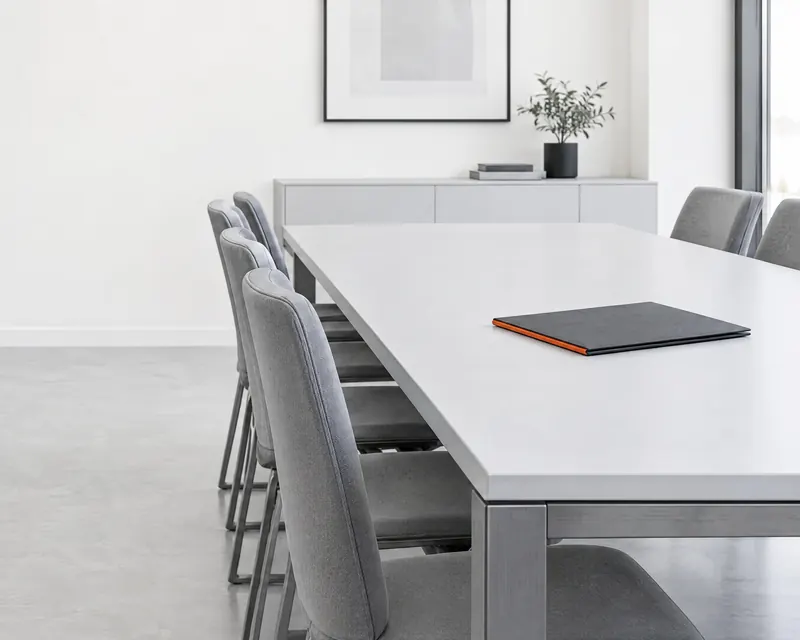 A long, empty boardroom table with chairs pushed in and one closed folder edged in orange.