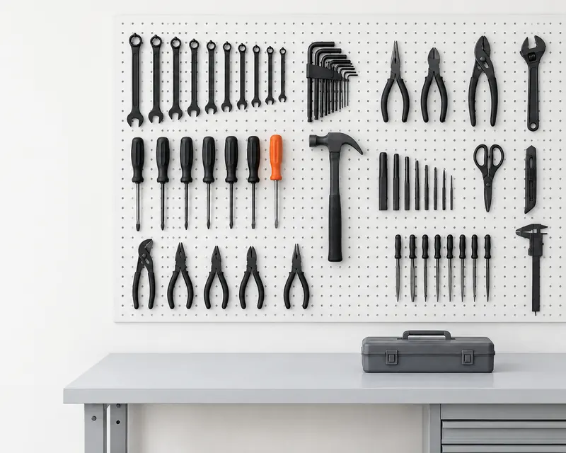 A white pegboard of black hand tools, each in its place, one screwdriver with an orange handle.